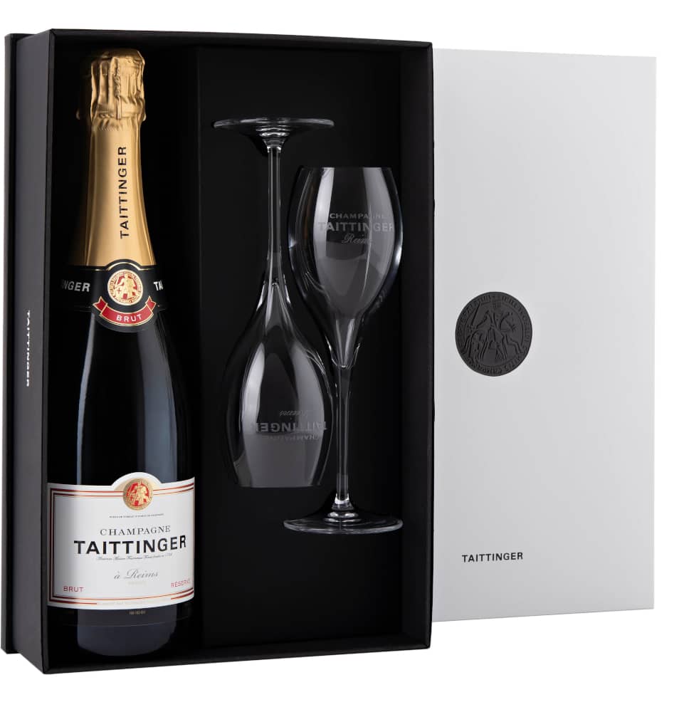 Taittinger Brut Réserve champagne con 2 flute
