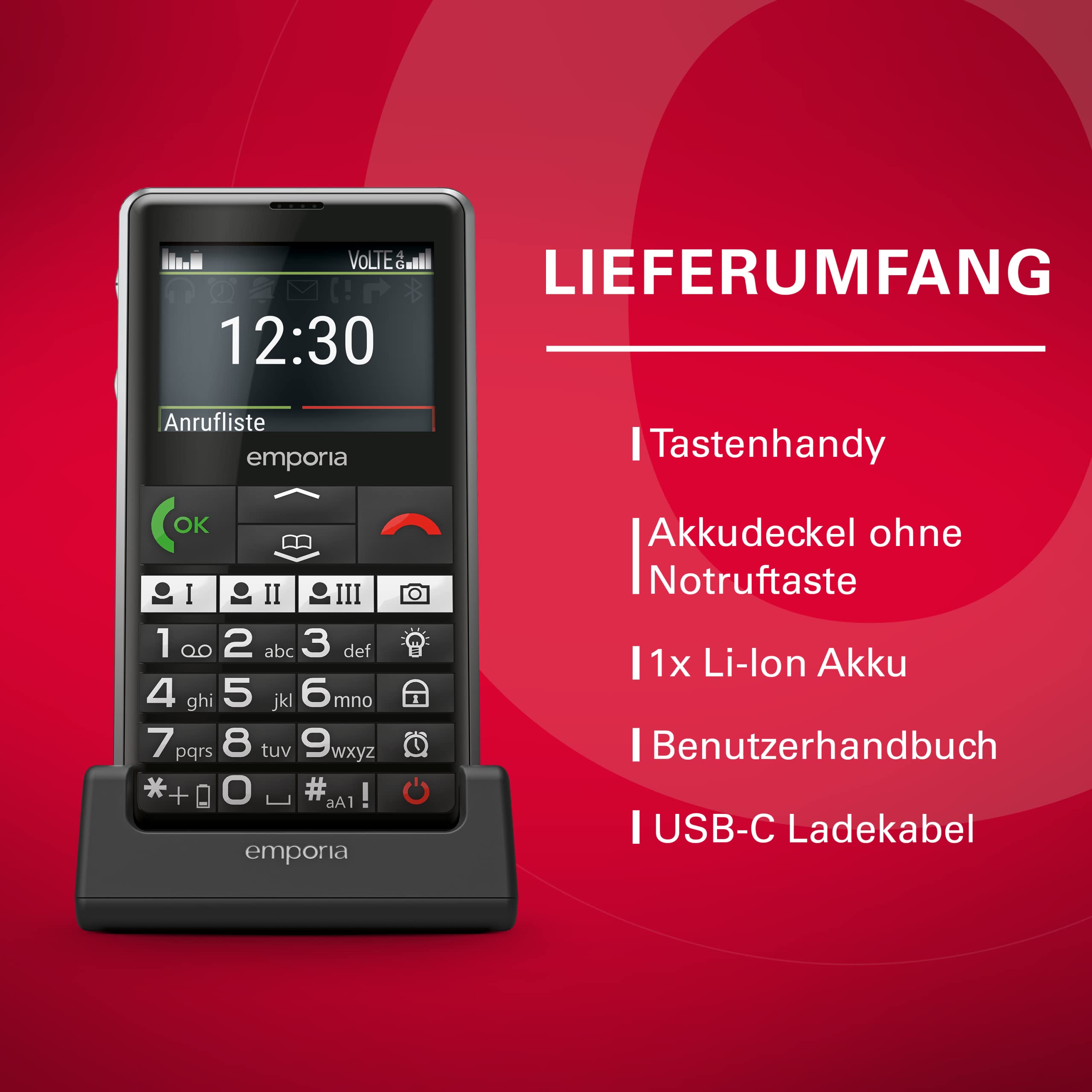 Emporia Pure LTE Telefono per Anziani Nero 4G SOS