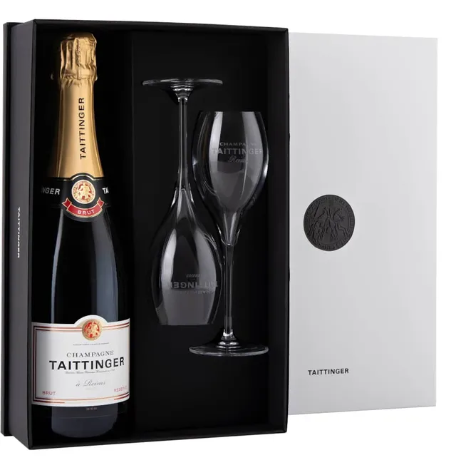 Taittinger Brut Réserve champagne con 2 flute