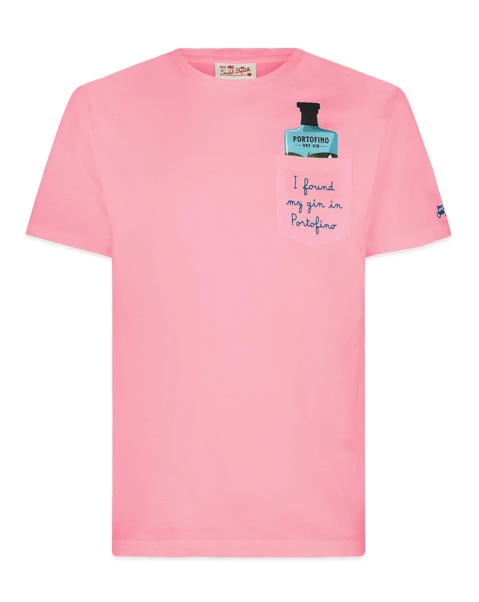 Portofino Gin T-shirt cotone rosa ricamata I found my gin