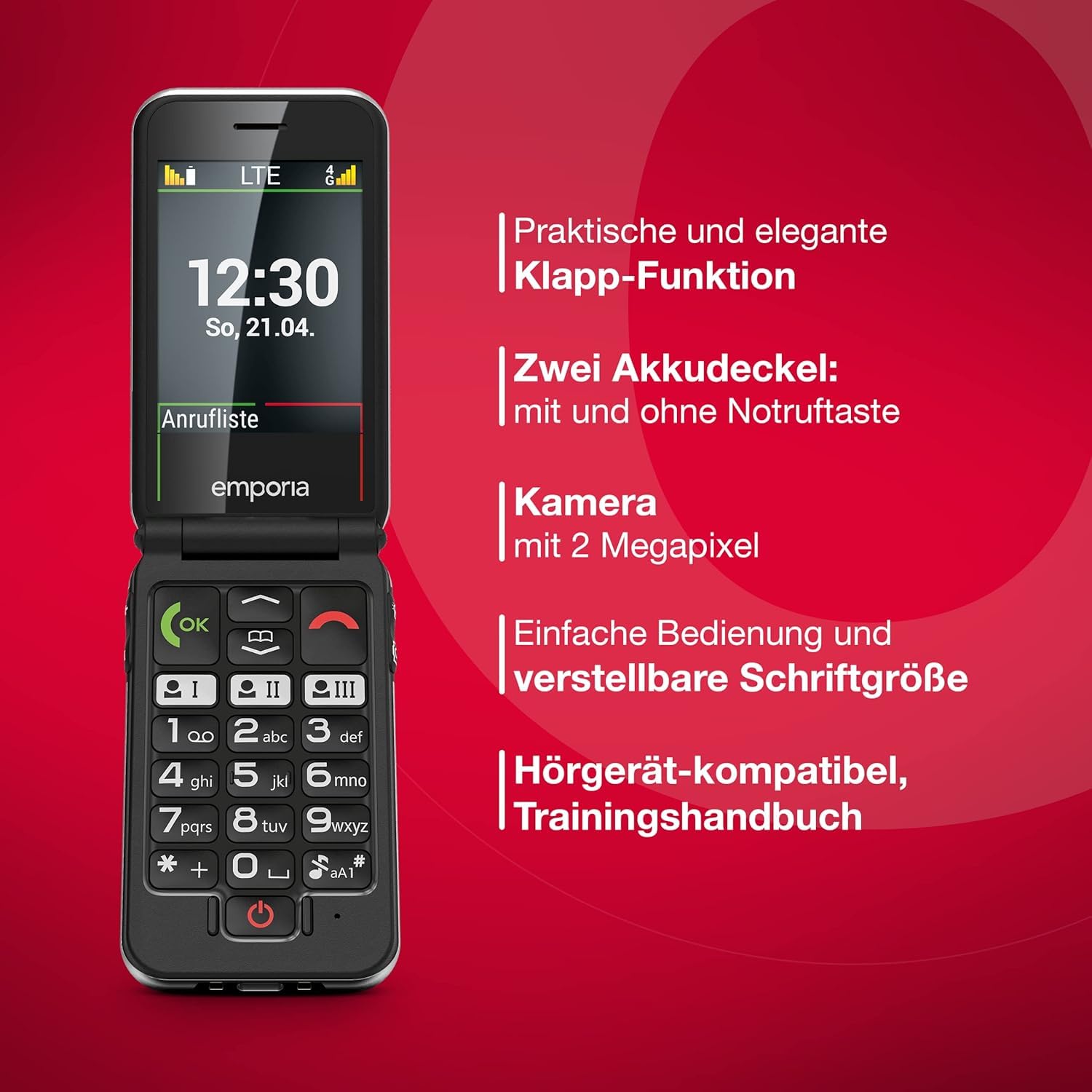 Emporia JOY-LTE Telefono Conchiglia 4G Rosso Display 2,8"