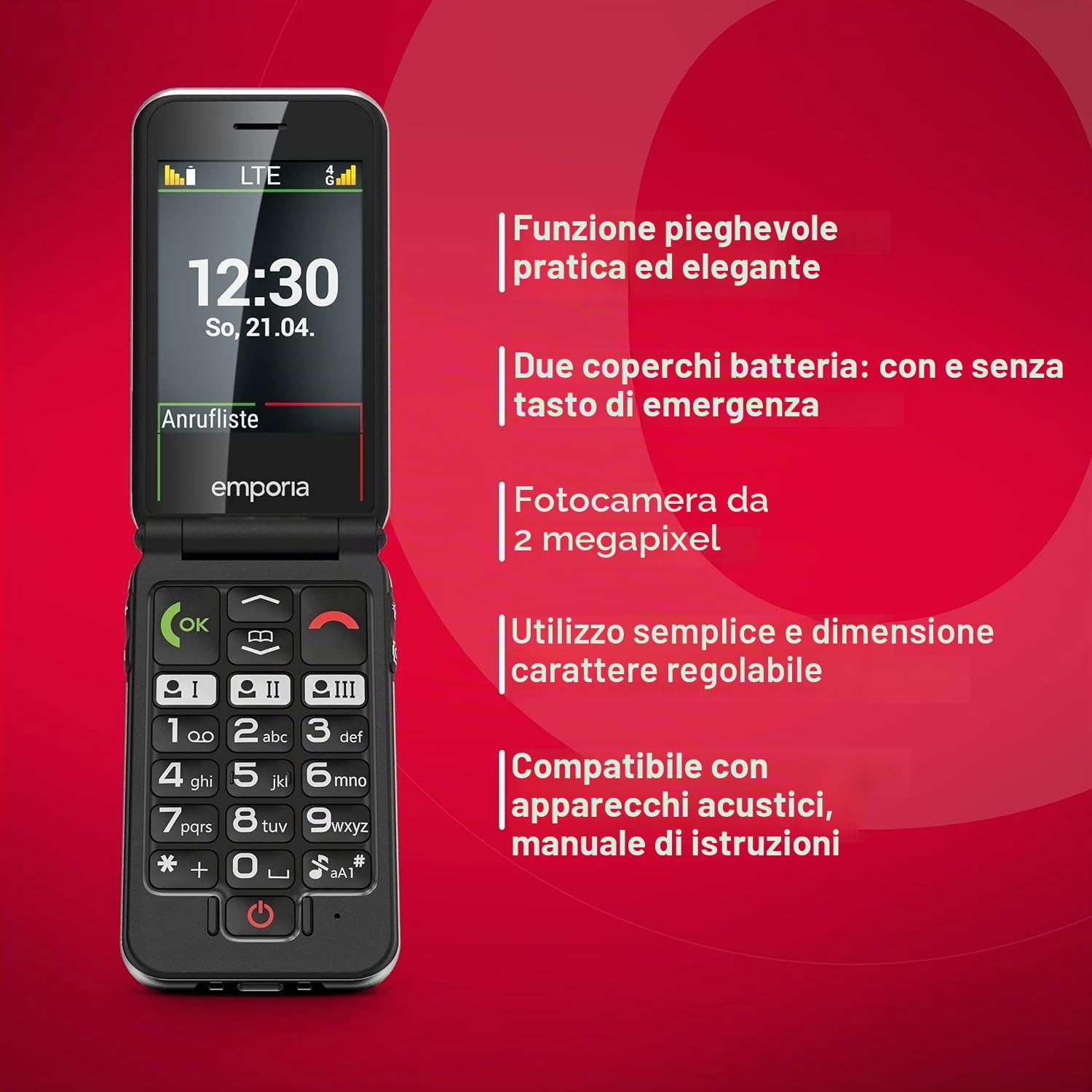 Emporia JOY-LTE Telefono a Conchiglia per Anziani Rosso 2.8"