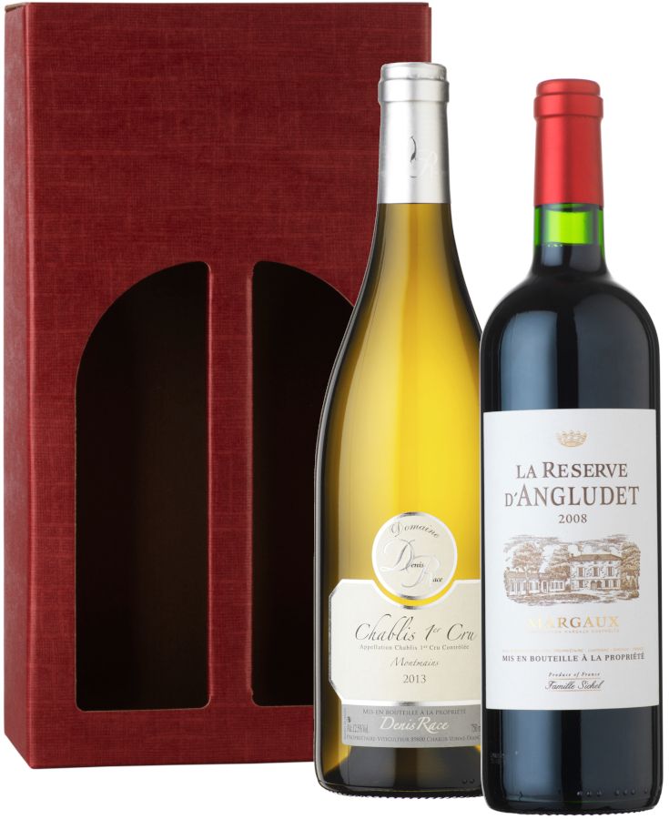French Premium cofanetto vino 2 bottiglie cassetta legno Margaux Chablis