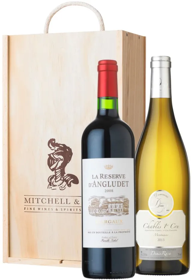 French Premium cofanetto vino 2 bottiglie cassetta legno Margaux Chablis